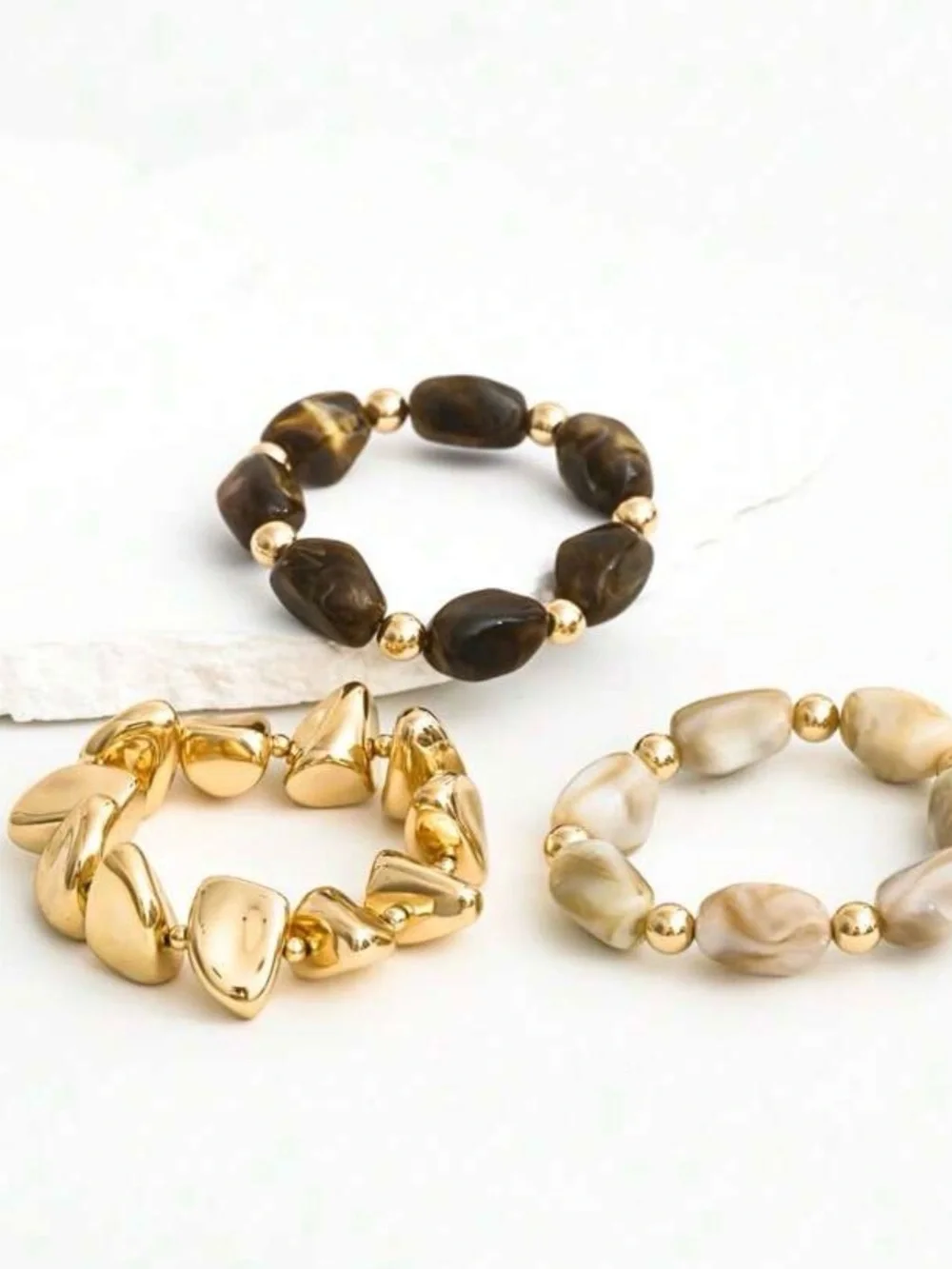 Three-Row vintage Stretch Bracelet Set in Cream, Brown & Gold Tones